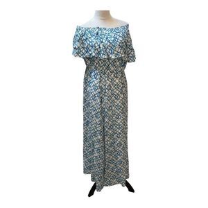 Chicos Off The Shoulder Maxi Dress Blue White Geometric Print Elastic Waist Sz 8